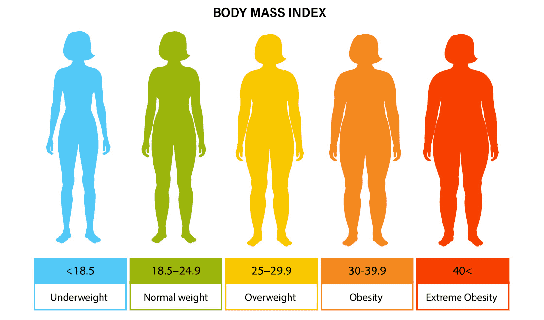 Body Mass Index chart showing values from underweight to extreme obesity